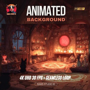 May include: An animated background image with the text "ANIMATED BACKGROUND". The scene depicts a dimly lit room with shelves of potion bottles, a glowing pentagram on the floor, and the text "4K UHD 30 FPS + SEAMLESS LOOP".