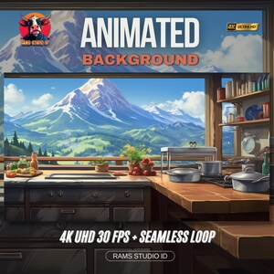 Könnte beinhalten: Animierter Hintergrund mit einer Küche und Bergblick. Der Text "ANIMATED BACKGROUND" ist prominent dargestellt. Zusätzlicher Text lautet "4K UHD 30 FPS + SEAMLESS LOOP" und das Rams Studio ID-Logo. Die Szene zeigt eine Küchenzeile mit Töpfen, Pfannen und Lebensmitteln.