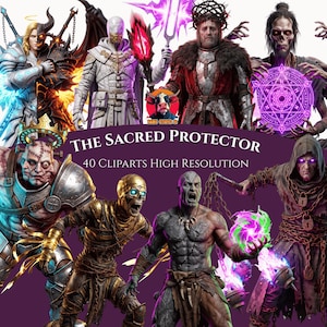May include: A digital collection of fantasy character illustrations titled THE SACRED PROTECTOR 40 CLIPARTS HIGH RESOLUTION, featuring various armoured warriors, undead figures, mummies, and magical beings with glowing purple and blue energy effects.