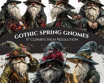 Gothic Spring Gnomes Clipart – Dark Moody Florals PNG Bundle (Commercial Use)