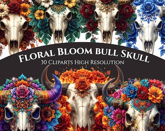 Floral Bull Skull Clipart Bundle – Boho Western PNG Illustration Pack