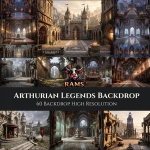 May include: A collection of 60 high-resolution digital backdrops featuring Arthurian legends, including stone castles, medieval courtyards, and grand interior halls with vaulted ceilings, arches, and stone pillars, labeled Arthurian Legends Backdrop.