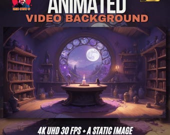 May include: Animated video background with a fantasy theme. The image features a room with bookshelves, a large round window with a moonlit view, and a table with a lit candle. The text reads "ANIMATED VIDEO BACKGROUND" and "4K UHD 30 FPS + A STATIC IMAGE."