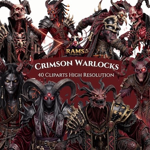 May include: A digital collection of 40 high-resolution clipart images featuring crimson warlocks with horns, skulls, and dark armor. The text reads RAMS STUDIO ID, CRIMSON WARLOCKS, and 40 CLIPARTS HIGH RESOLUTION against a deep red background.