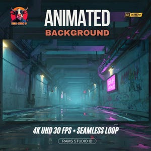 May include: An animated background image with a futuristic, neon-lit tunnel scene. The words "ANIMATED BACKGROUND" are displayed in large white and orange letters. The image also includes the text "4K UHD 30 FPS + SEAMLESS LOOP" and the Rams Studio ID logo.