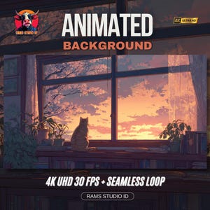 Peut inclure: Image d'arrière-plan animé avec un chat regardant le coucher de soleil par une fenêtre. La scène comprend un cadre de fenêtre, des plantes et le texte "ANIMATED BACKGROUND" et "4K UHD 30 FPS + SEAMLESS LOOP". L'image a une palette de couleurs chaudes.