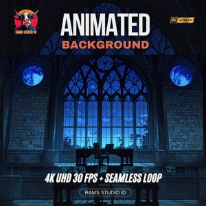 Op de afbeelding: Een geanimeerde achtergrondafbeelding met de tekst "ANIMATED BACKGROUND" in wit en oranje. De scène toont een kamer in gotische stijl met een groot boogvenster met uitzicht op een nachtelijke hemel met sterren en twee blauwe manen. De tekst "4K UHD 30 FPS + SEAMLESS LOOP" is ook zichtbaar.