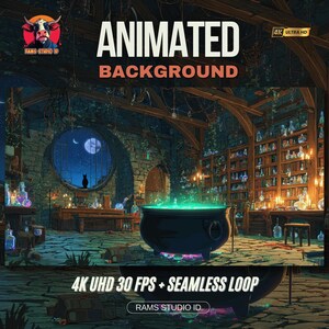 Puede incluir: Imagen de fondo animada que presenta un interior místico con un gran caldero que emite luz verde. La escena incluye una luna llena, un gato negro y estanterías llenas de botellas. El texto dice "ANIMATED BACKGROUND" y "4K UHD 30 FPS + SEAMLESS LOOP".