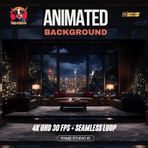 Puede incluir: Imagen de fondo animada con el texto "ANIMATED BACKGROUND" en blanco y naranja. La escena representa un salón acogedor con vistas al horizonte de la ciudad a través de una gran ventana. La imagen está etiquetada como "4K UHD 30 FPS + SEAMLESS LOOP".