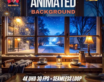 Fondo animado / Vista cálida desde la ventana de un café en una calle nevada de noche – Bucle de fondo virtual de YouTube