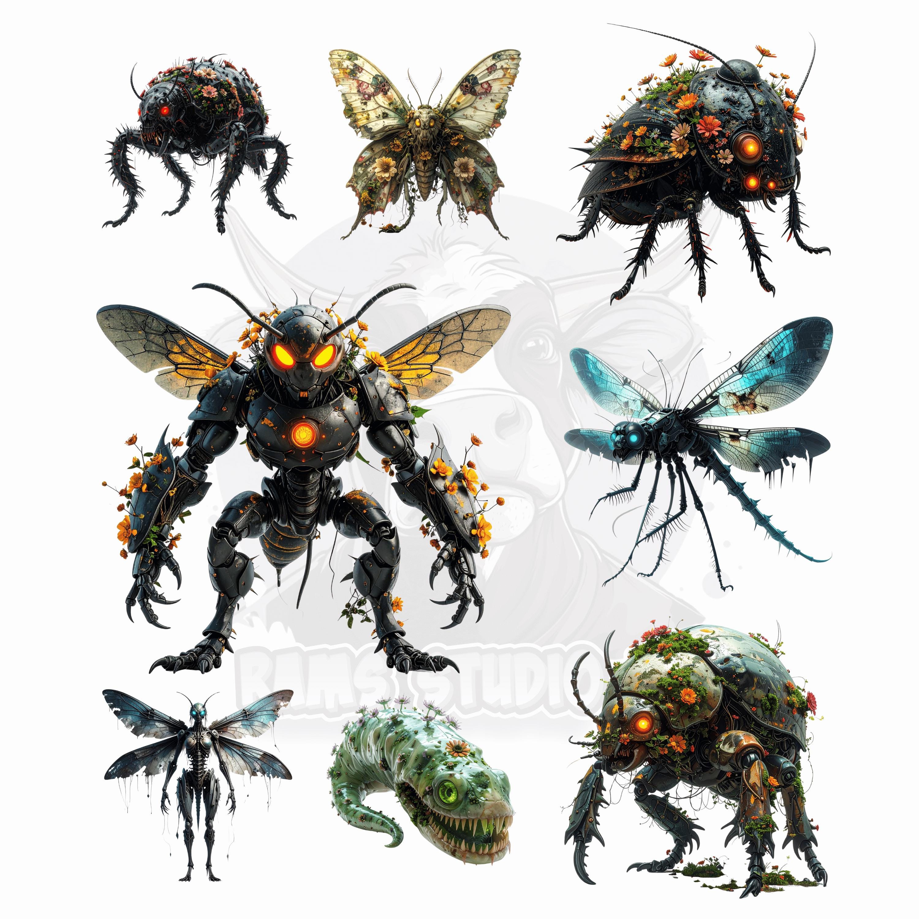 Gothic Insects Gothic Insect Bloom Clipart – Dark Botanical Bug PNG Bundle (commercial ...
