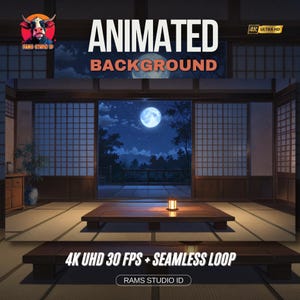 Może przedstawiać: Animowane tło przedstawiające japoński pokój z pełnią księżyca widoczną przez otwarte ekrany shoji. Tekst "ANIMATED BACKGROUND" jest wyświetlany u góry, a "4K UHD 30 FPS + SEAMLESS LOOP" u dołu.