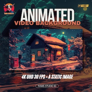 Könnte beinhalten: Animierter Video-Hintergrund mit einem schneebedeckten Haus bei Nacht. Das Bild enthält den Text "ANIMATED VIDEO BACKGROUND" und "4K UHD 30 FPS + A STATIC IMAGE". Das Bild enthält auch den Text "RAMS STUDIO ID" und ein Logo.