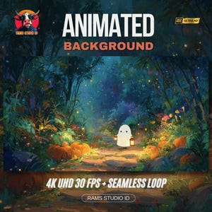 May include: An animated background with the text "ANIMATED BACKGROUND". The image features a forest scene with a path, pumpkins, and a cartoon ghost holding a lantern. The image is labeled "4K UHD 30 FPS + SEAMLESS LOOP".