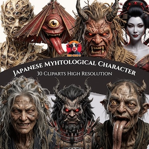 May include: A set of 30 high-resolution cliparts depicting Japanese mythological figures. The images include demons, monsters, and a geisha, with detailed features and vivid colours. The text on the image reads "JAPANESE MYHTOLOGICAL CHARACTER".