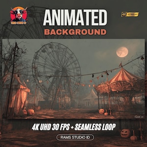 May include: An animated background image with a spooky carnival theme. The scene includes a Ferris wheel, carousel, and jack-o'-lanterns under a full moon. Text reads "ANIMATED BACKGROUND" and "4K UHD 30 FPS + SEAMLESS LOOP".
