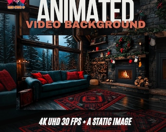 Animated Background of Cozy Christmas Cabin Living Room with Festive Fireplace – Seamless Virtual Loop