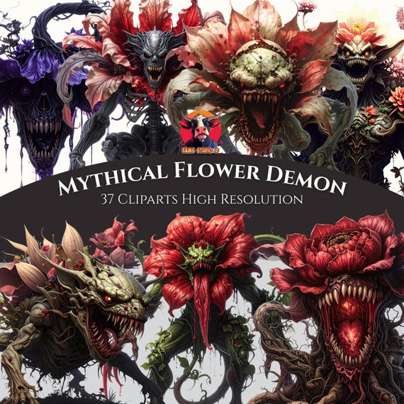 Dark Fantasy Flower Demon Clipart Bundle – Gothic Botanical PNG Set (Commercial Use)