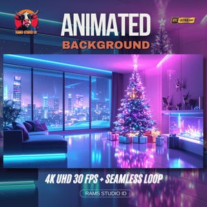 Peut inclure: Un arrière-plan animé sur le thème de Noël. L'image présente un sapin de Noël décoré, des cadeaux et un paysage urbain visible à travers de grandes fenêtres. Le texte sur l'image indique "ANIMATED BACKGROUND" et "4K UHD 30 FPS + SEAMLESS LOOP."