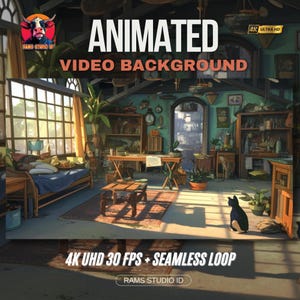 Animated Streaming Background: Cat & Vintage Room Decor (MP4 Download)