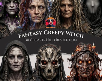 Creepy Witch Clipart Bundle – Dark Fantasy PNG Set, Gothic Horror Spellcaster Graphics (Commercial Use)