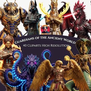 Immagini clipart di guardiani del mondo antico – Pacchetto di personaggi fantasy e mitologici in formato PNG (alta risoluzione)
