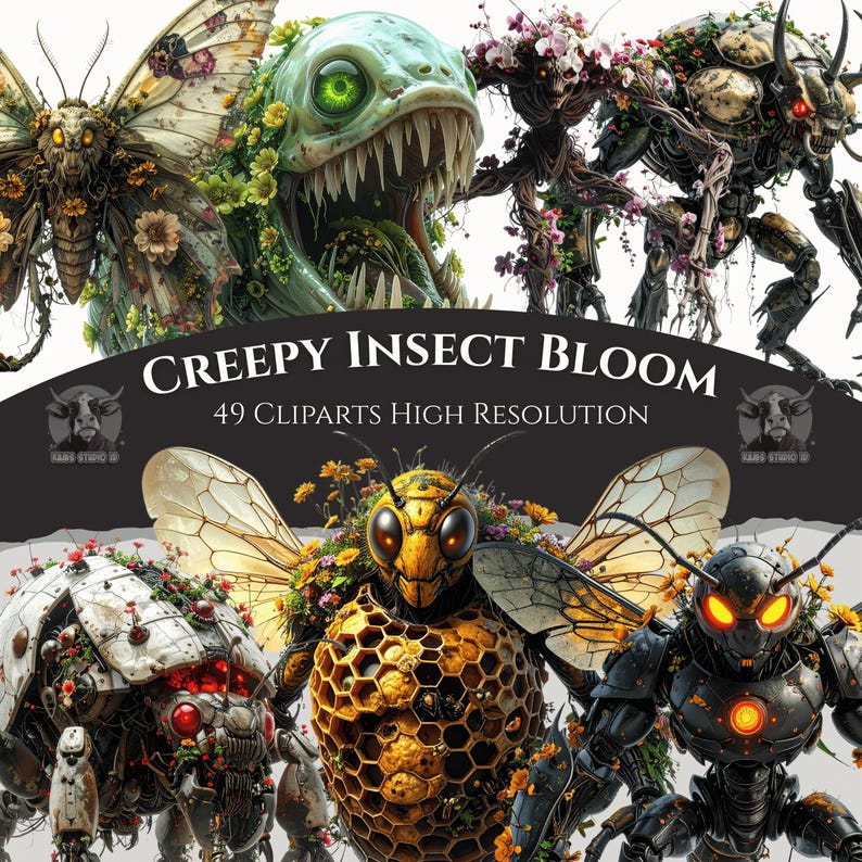 Gothic Insects Gothic Insect Bloom Clipart – Dark Botanical Bug PNG Bundle (commercial ...