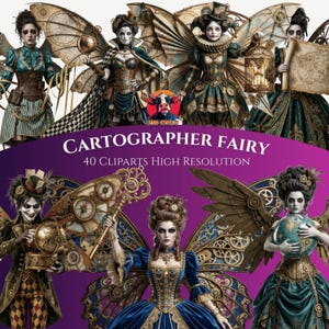 Kartograf-älva Clipart-paket – Steampunk Fantasy Mapmaker PNG-set (Kommersiellt bruk)