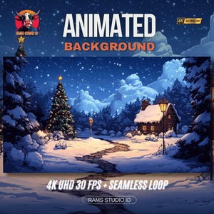 Op de afbeelding: Geanimeerde winterachtergrond met een besneeuwd landschap, een versierde kerstboom en een hut. De afbeelding bevat de tekst "ANIMATED BACKGROUND" en "4K UHD 30 FPS + SEAMLESS LOOP". De scène speelt zich 's nachts af met vallende sneeuw.