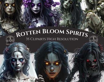 Dark Floral Ghost Horror Clipart Bundle – Gothic Spirit PNG Illustrations (Commercial Use)