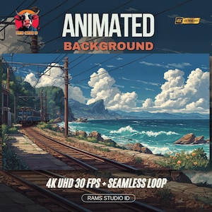 Op de afbeelding: Een geanimeerde achtergrondafbeelding met een kustlandschap met een spoorlijn, een trein en een levendige oceaan onder een blauwe lucht met pluizige wolken. De tekst "ANIMATED BACKGROUND" wordt bovenaan weergegeven, met "4K UHD 30 FPS + SEAMLESS LOOP" onderaan.