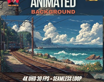 Può includere: Immagine di sfondo animata con una scena costiera con un binario ferroviario, un treno e un oceano vibrante sotto un cielo blu con nuvole soffici. Il testo "ANIMATED BACKGROUND" è visualizzato in alto, con "4K UHD 30 FPS + SEAMLESS LOOP" in basso.