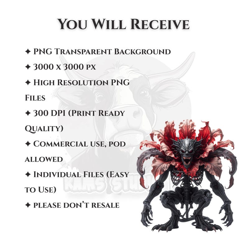 May include: Digital art image featuring a detailed, dark fantasy creature with a skeletal torso, black limbs, and a head surrounded by red and pink floral elements. The text "YOU WILL RECEIVE" and other details about the digital file are also included.