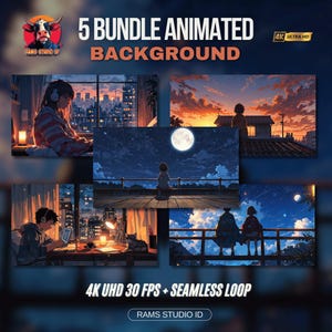 May include: A promotional image showcasing five animated background scenes. Each scene depicts anime-style illustrations of cityscapes and nature settings, with text that reads "5 Bundle Animated Background" and "4K UHD 30 FPS + Seamless Loop."