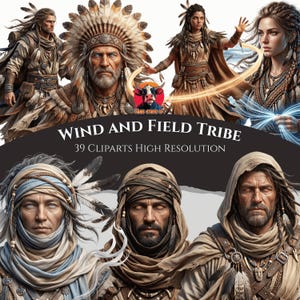 Op de afbeelding: Digitale kunst met portretten van mensen in stamkleding. De afbeelding bevat de tekst "Wind and Field Tribe" en "39 Cliparts High Resolution". De portretten tonen individuen met veren, hoofdtooien en diverse accessoires.
