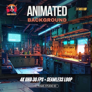 May include: An animated background image featuring a detailed, futuristic laboratory setting. The scene is filled with machinery, glowing screens, and the text "ANIMATED BACKGROUND". The image also includes the text "4K UHD 30 FPS + SEAMLESS LOOP".