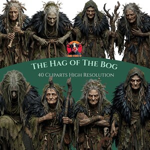 Pode incluir: Uma coleção digital de 40 imagens clipart de alta resolução apresentando uma bruxa do pântano. Os personagens são figuras idosas com cabelos longos e grisalhos, vestindo mantos escuros e esfarrapados adornados com penas, ossos e galhos.