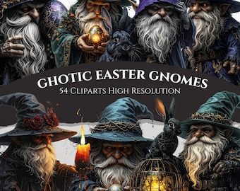 Gothic Easter Gnomes Clipart – Dark Gnomes PNG Set, Spooky Spring Illustration (Commercial Use)