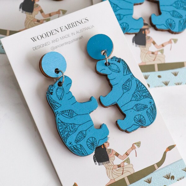 Blue Hippopotamus Wood Earrings Australian Ancient Egypt Handmade Artefact Reproduction Replica