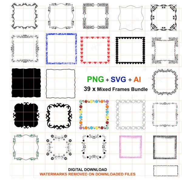 SQUARE FRAMES PRINTABLE Bundle Png, Svg, Ai clip art style digital download. Mixed frame raster vector designs for text, scrapbook, cards.