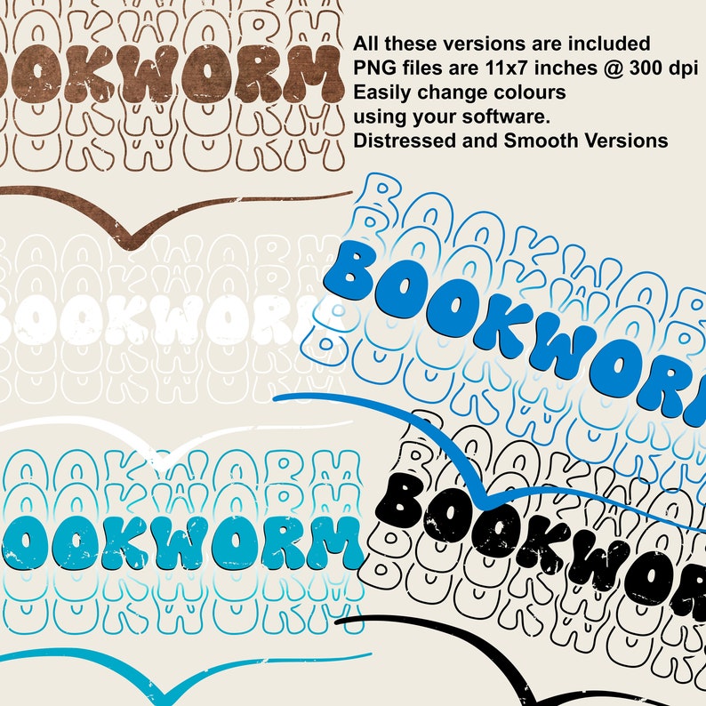 BOOKWORM PRINTABLE DESIGN Pdf + Png Files Digital Download. Distressed ...
