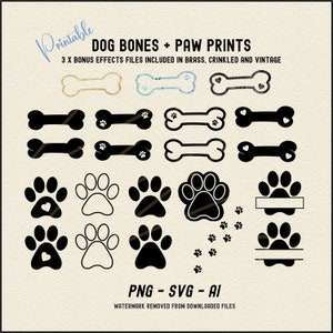 DOG PAW and BONE Svg, Png 300dpi Printables + Svg-vectoren. Bundel van 20 afbeeldingen. Aangepast naamgebied Paw Print en 3 x Extra Effects-bestanden.