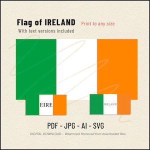 Puede incluir: Descarga digital de la bandera irlandesa, un tricolor verde, blanco y naranja. La imagen incluye el texto "Flag of IRELAND" y "Print to any size". También se muestran versiones más pequeñas de la bandera, con el texto "EIRE" e "IRELAND".