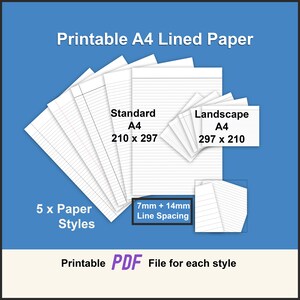 Könnte beinhalten: Fünf druckbare A4-Linienpapier-Vorlagen im PDF-Format. Jede Vorlage verfügt über einen anderen Zeilenabstand und -stil. Die Papierformate sind 210 x 297 mm (Standard) und 297 x 210 mm (Querformat).