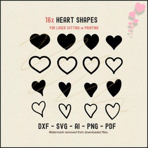 COEURS SVG + DXF + Png pour découpe laser ou impression. 16 formes de cœurs d'amour, régulières et originales, solides et contours, à découper ou à ajouter aux motifs.