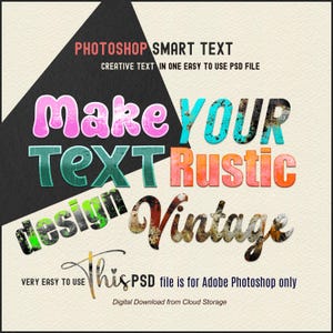 以下が含まれることがあります： 「Make Your Text Rustic Design Vintage」というテキストが、さまざまな色とテクスチャで書かれたPhotoshopスマートテキストのグラフィック。テキストはレイヤー化されており、使い古されたヴィンテージな外観をしています。