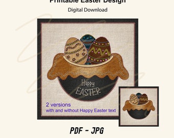 EASTER EGGS BASKET Printable Needlework Style Design. With Happy Easter Text + without text , customise with your own text for Egg Hunts.