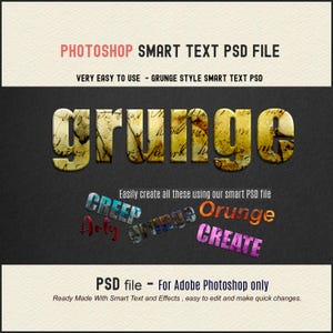 Modèle PSD modifiable de texte intelligent de style GRUNGE pour PHOTOSHOP. Prêt à l'emploi ou éditez les effets prédéfinis, changez la police, les couleurs/ajoutez vos propres effets.