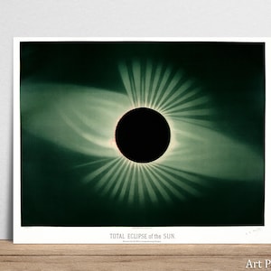 Peut inclure: Une estampe vintage représentant une éclipse solaire totale. L'image présente un cercle central sombre entouré d'une couronne rayonnante et de rayons solaires, sur fond vert foncé. Le texte "TOTAL ECLIPSE OF THE SUN" est visible en bas.