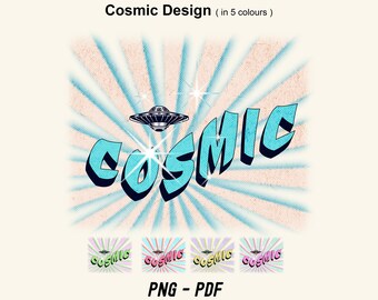 COSMIC ALIEN SPACESHIP Retro Style Design for printing onto shirts, sweaters, mugs etc. 5 colour options, Red, Blue, Green, Pink + Yellow.